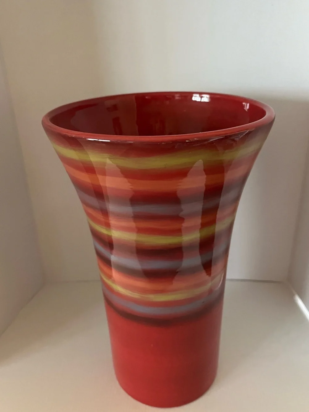 Vintage Red Striped Ceramic Vase with Multicolor Bands